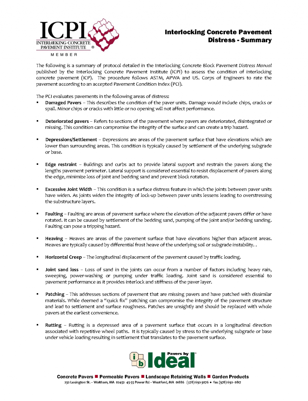 Interlocking Concrete Pavement Distress Summary - Ideal Block